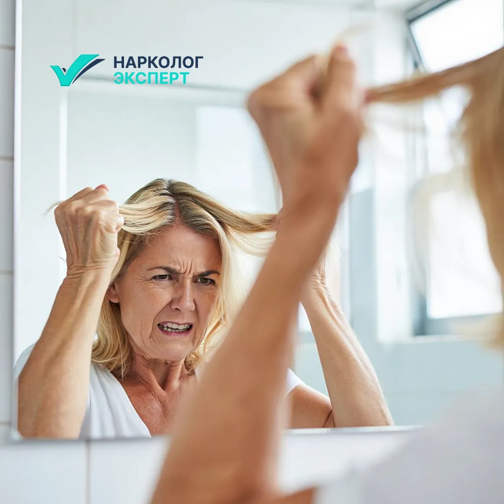 Женщина средних лет стоит возле зеркала и тянет себя за волосы